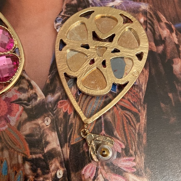 Liz Claiborne Pink & Gold Rhinestones Statement Size Drop Earrings. - Picture 3 of 3